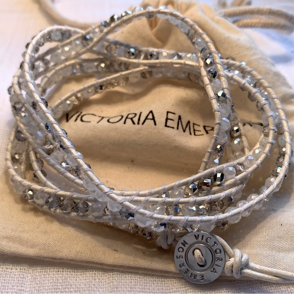 Victoria Emerson Vegan Bracelet Genuine Crystals and Beads on Waxed White Cord - Picture 1 of 5